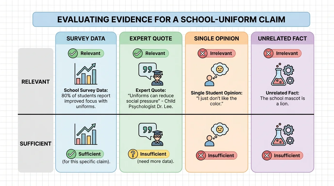 chart comparing evidence for a school-uniform claim, including survey data, expert quote, single opinion, and unrelated fact, labeled relevant/irrelevant and sufficient/insufficient