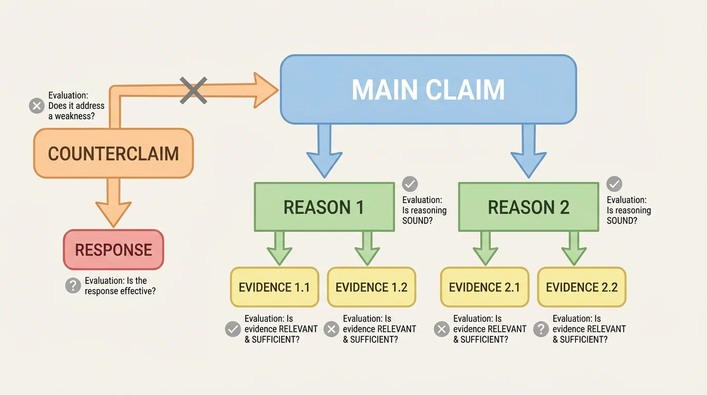flowchart showing a main claim at top, two reasons beneath it, pieces of evidence under each reason, and a counterclaim off to the side with a response