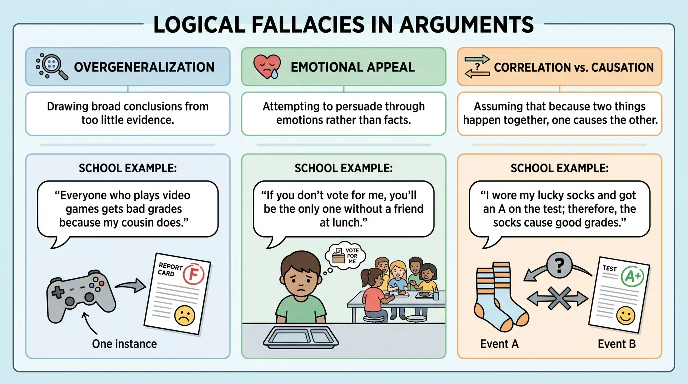 chart showing overgeneralization, emotional appeal, and correlation versus causation with short school-related examples