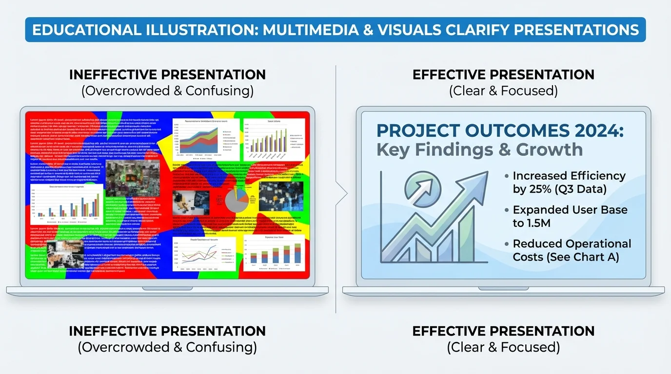side-by-side presentation slides, one overcrowded with tiny text and many colors, the other clean with large heading, one image, and three short bullets
