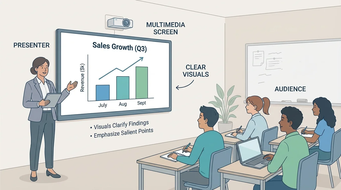 classroom presenter standing near screen, facing audience, gesturing briefly toward a displayed graph, with students watching