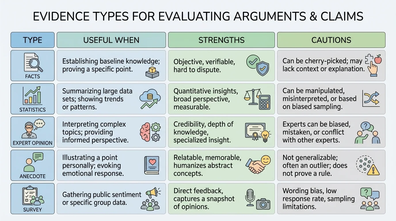 comparison chart with rows for facts, statistics, expert opinion, anecdote, and survey, and columns for useful when, strengths, and cautions
