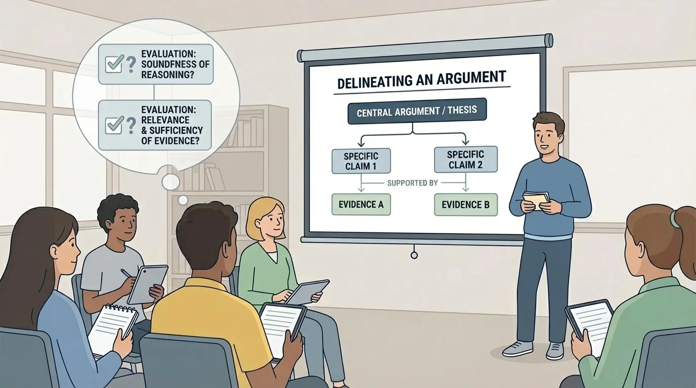 student presenter using eye contact, note cards, clear posture, and a simple slide while an audience listens attentively