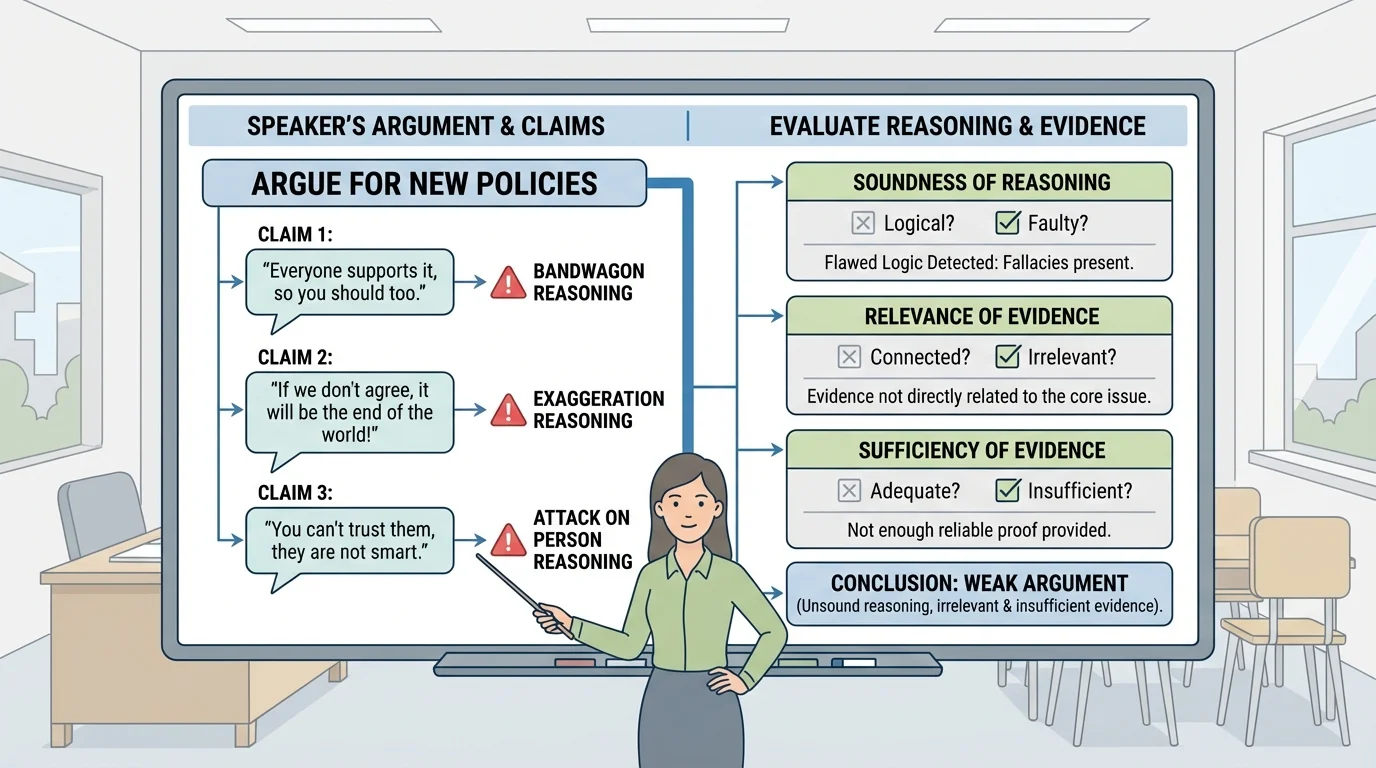 classroom presentation scene with speech bubbles labeling examples of bandwagon, exaggeration, and attack on person reasoning