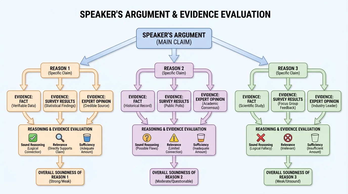 flowchart showing a main claim at top branching to reasons, each supported by evidence examples such as facts, survey results, and expert opinion