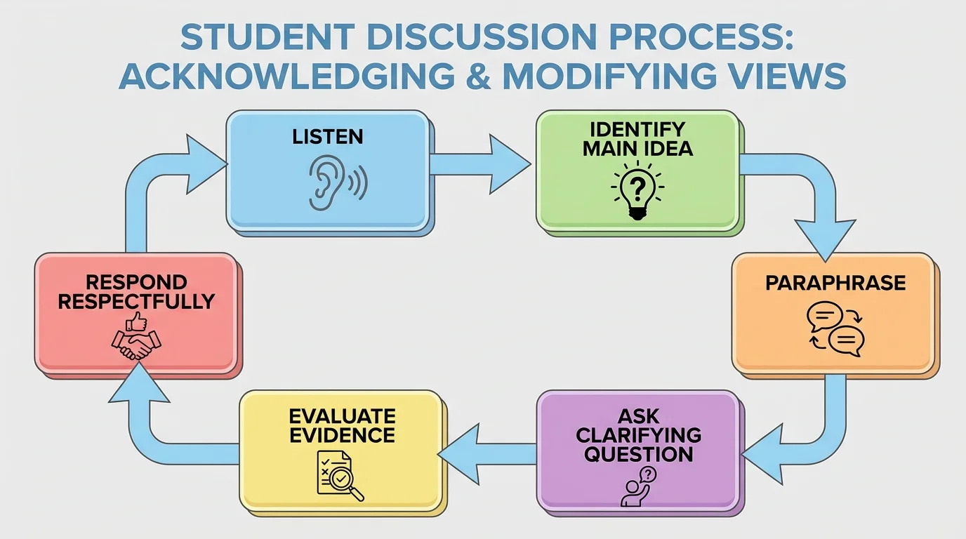 student discussion process with boxes labeled listen, identify main idea, paraphrase, ask clarifying question, evaluate evidence, respond respectfully