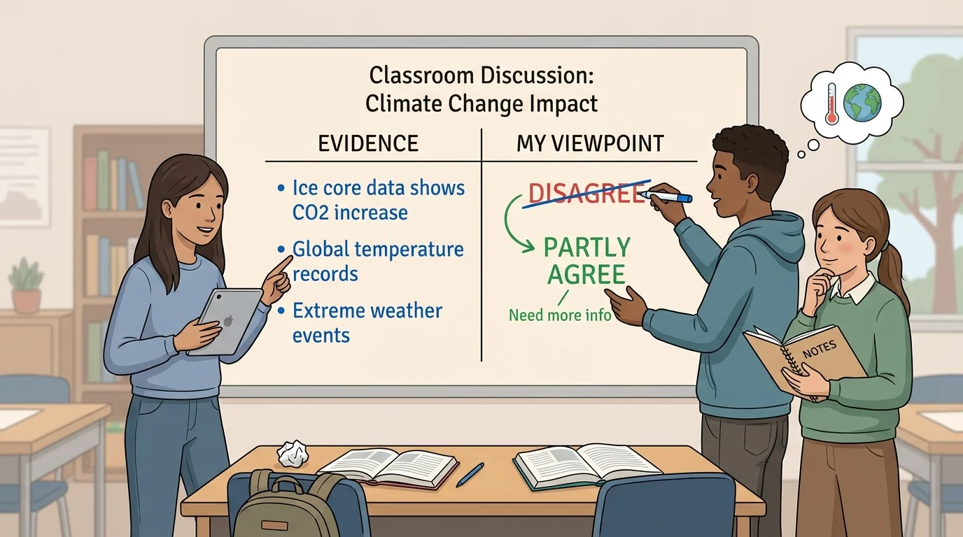 middle school classroom discussion with students sharing evidence, one student revising a viewpoint from disagree to partly agree on a chart