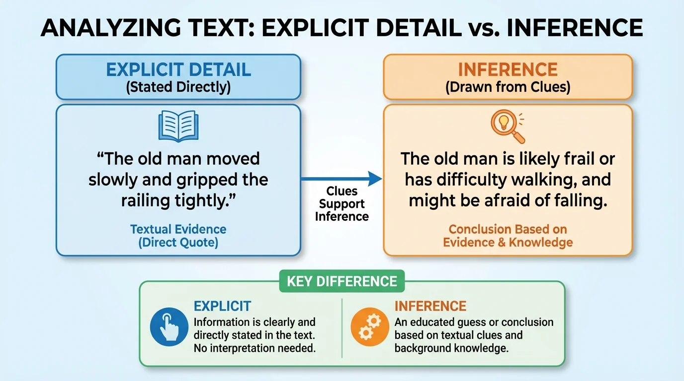 chart comparing a short story detail that is stated directly with an inference drawn from clues, with columns labeled Explicit Detail and Inference