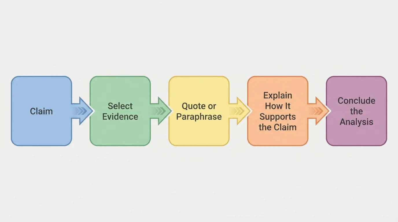 flowchart with boxes labeled Claim, Select Evidence, Quote or Paraphrase, Explain How It Supports the Claim, Conclude the Analysis