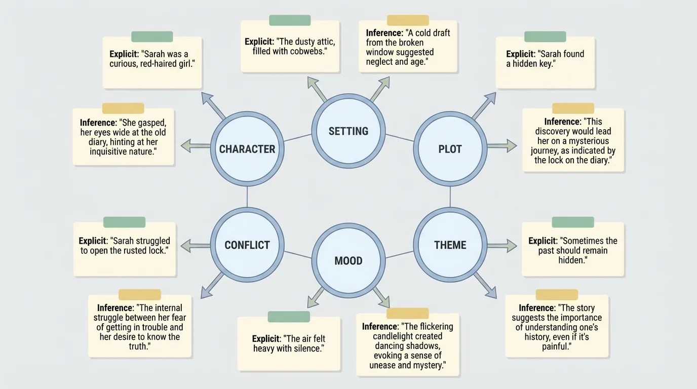 story web showing character, setting, plot, conflict, mood, and theme connected by arrows to small note cards labeled with sample evidence details from a fictional text