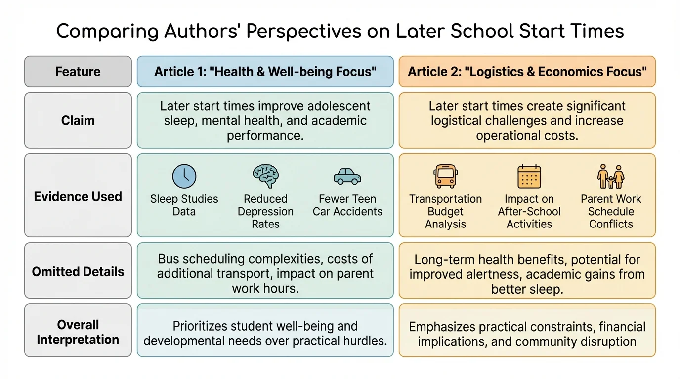 chart comparing two articles about later school start times with rows for claim, evidence used, omitted details, and overall interpretation