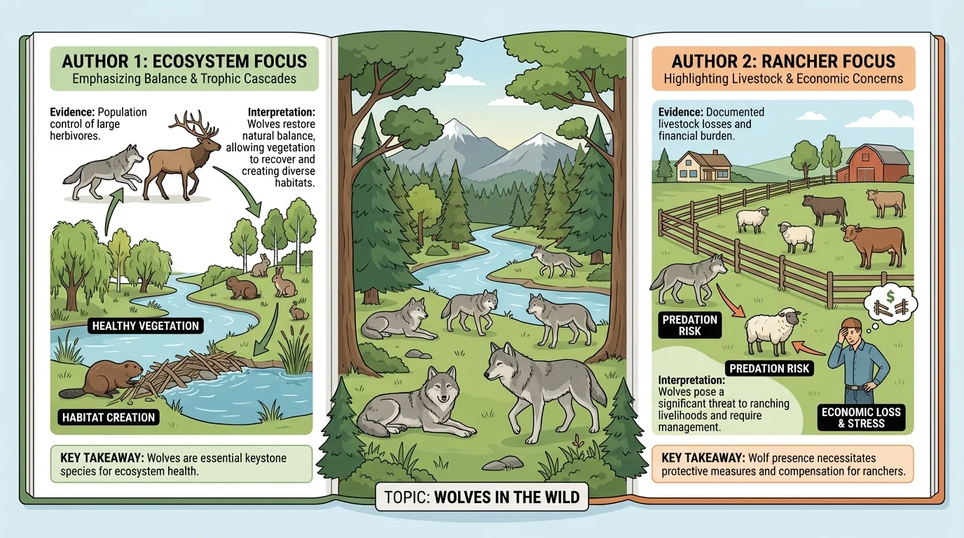 illustration of wolves in a forest with side panels showing one article focusing on ecosystem balance and another focusing on ranchers' livestock concerns
