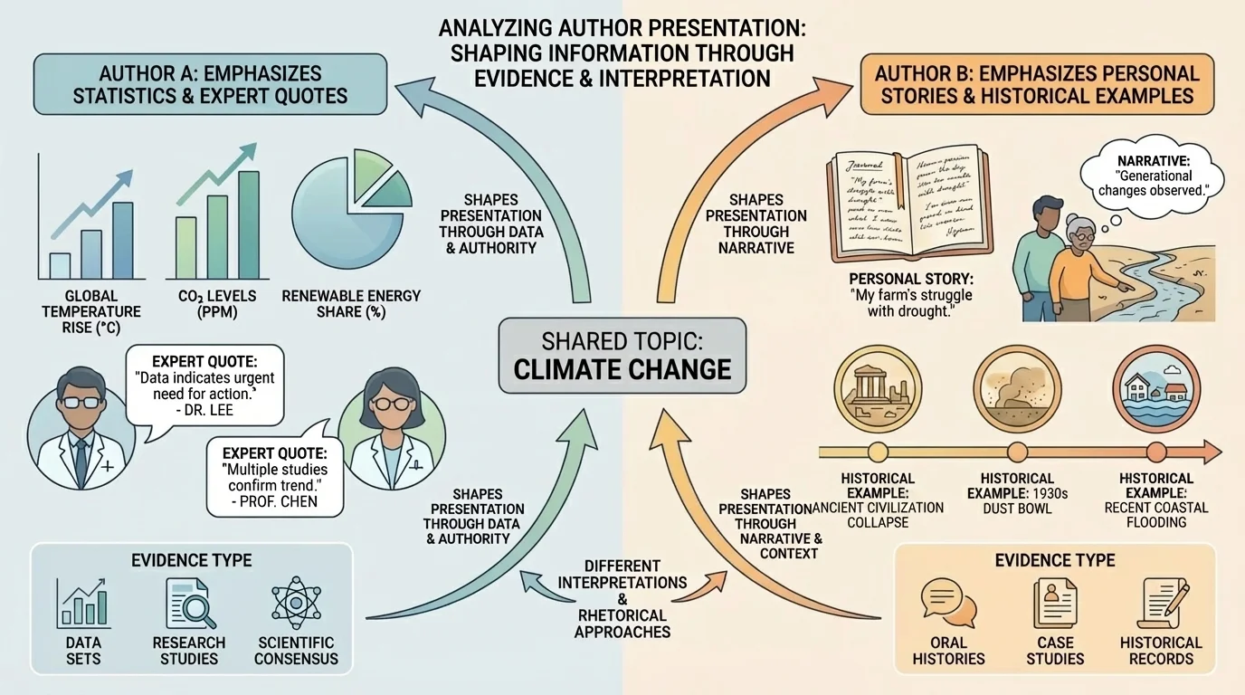 comparison chart showing one shared topic with Author A emphasizing statistics and expert quotes, and Author B emphasizing personal stories and historical examples