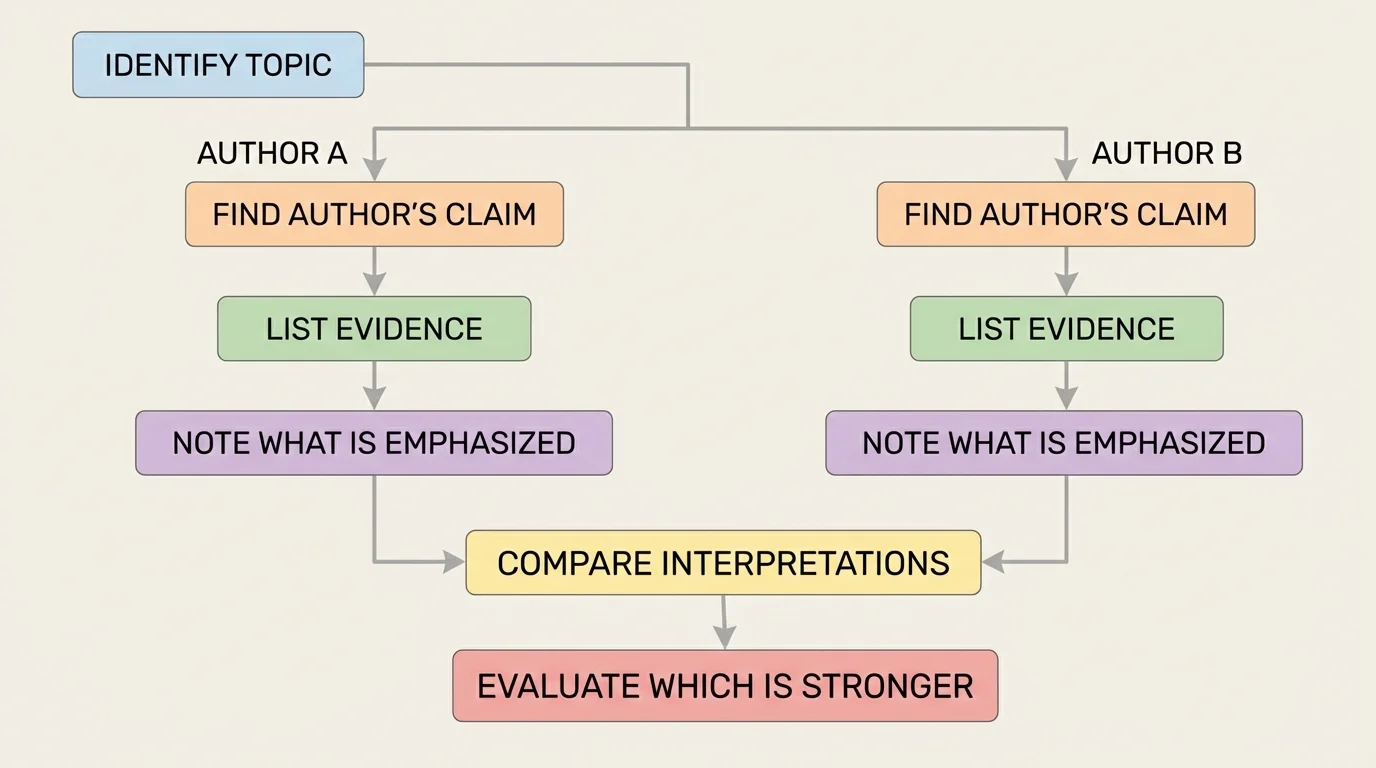 flowchart with steps identify topic, find each author's claim, list evidence, note what is emphasized, compare interpretations, evaluate which is stronger