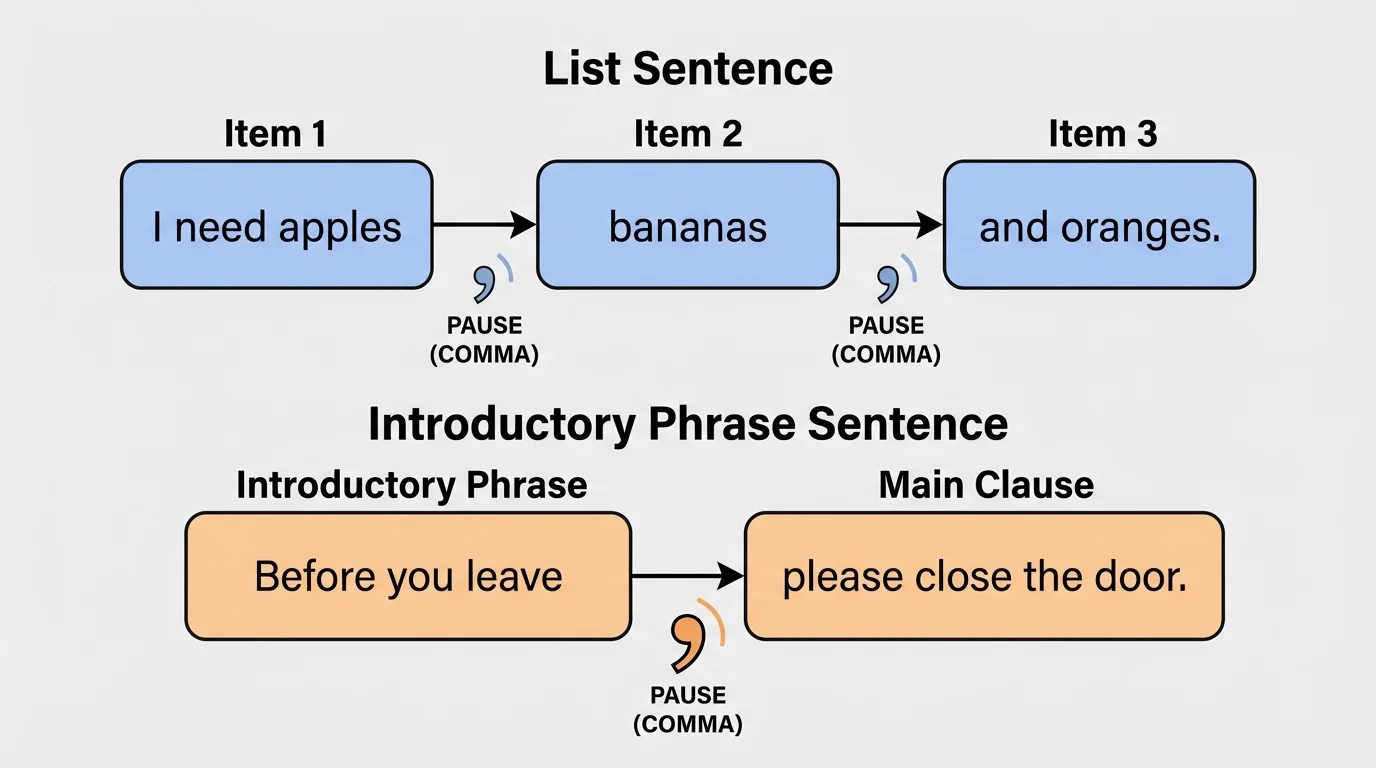 Sentence-flow diagram comparing a list sentence and an introductory phrase sentence with commas placed at pause points