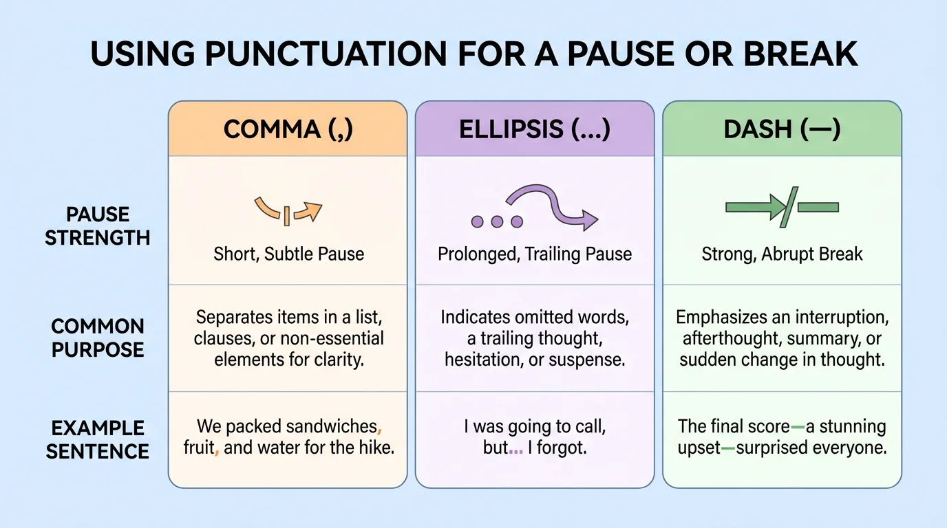 Comparison chart with three columns for comma, ellipsis, and dash, showing pause strength, common purpose, and example sentence