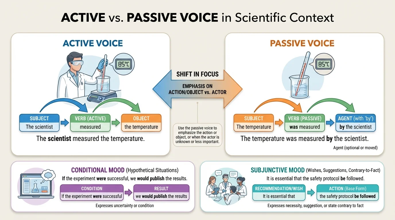 Side-by-side sentences showing "The scientist measured the temperature" vs "The temperature was measured by the scientist," with subject, verb, and object color-coded and arrows showing how they shift places between active and passive.