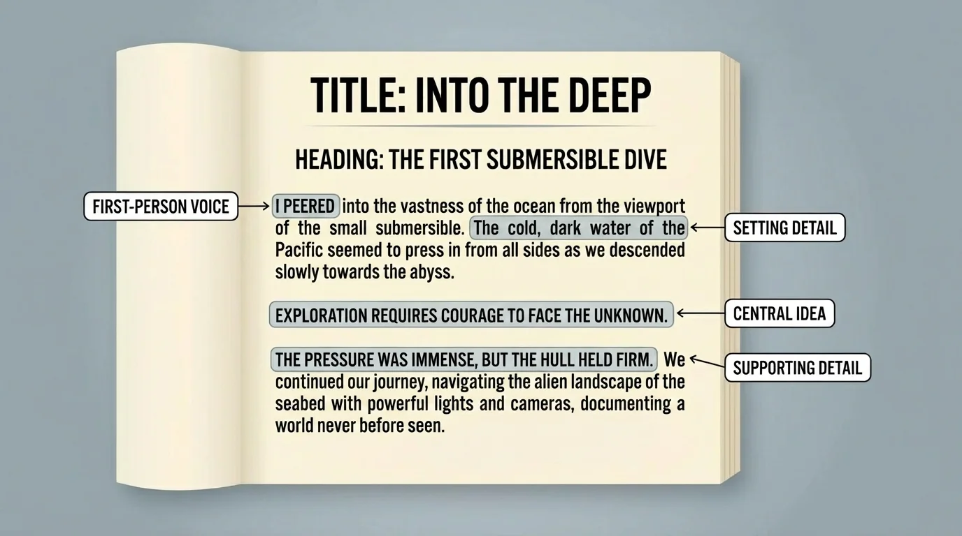 diagram of a sample literary nonfiction page labeled with title, heading, first-person voice, setting detail, central idea, and supporting detail