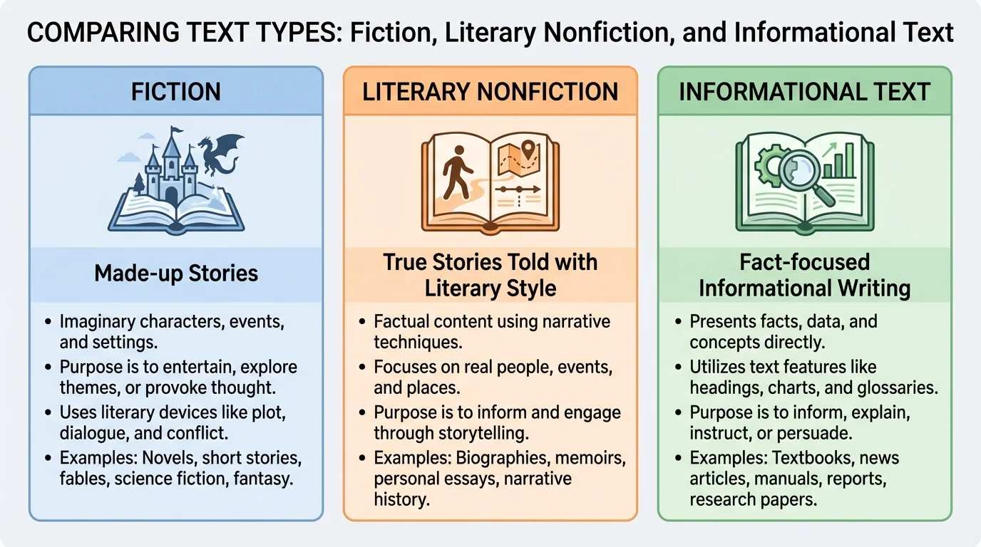 chart comparing fiction, literary nonfiction, and informational text with simple labeled columns for made-up stories, true stories told with literary style, and fact-focused informational writing