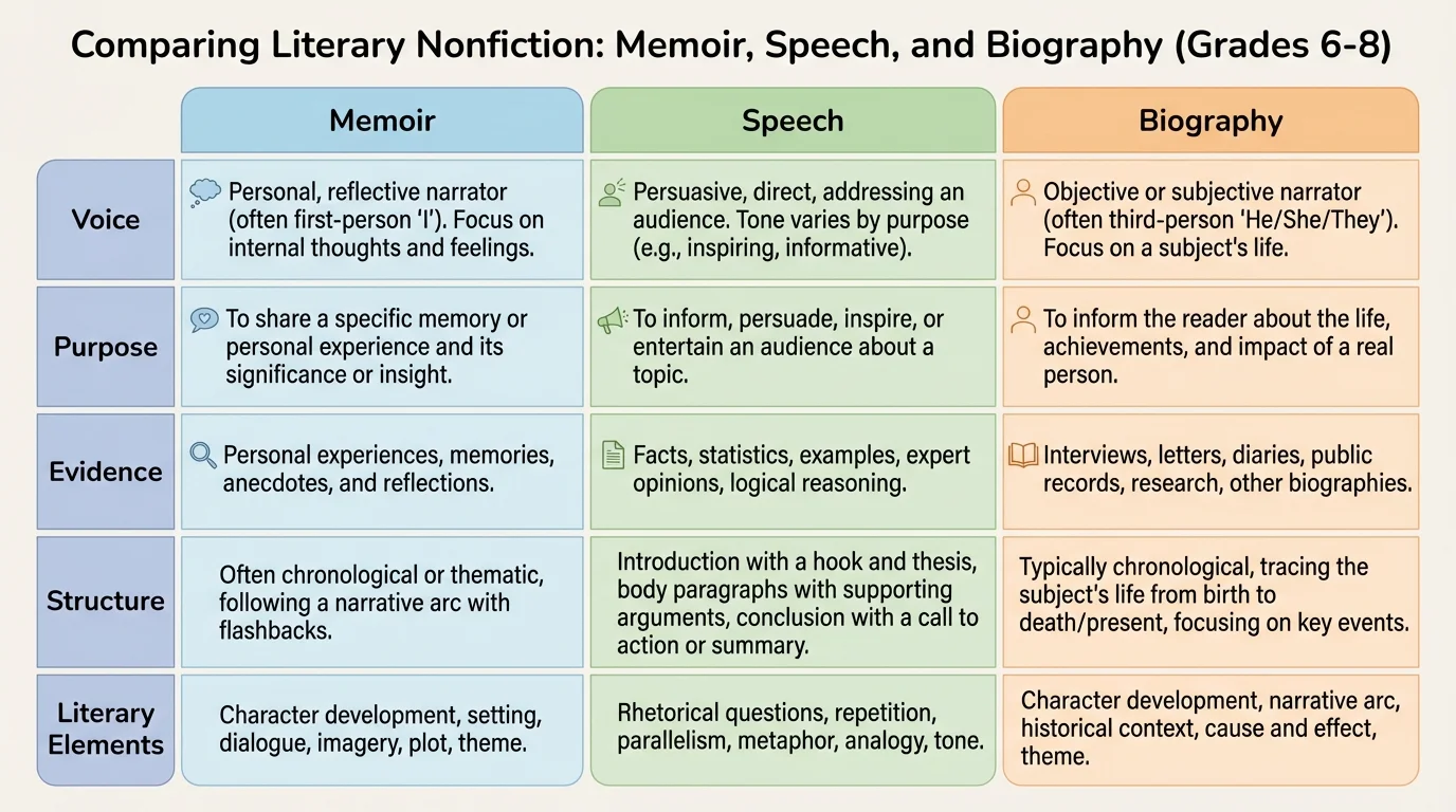 chart comparing memoir, speech, and biography with rows for voice, purpose, evidence, structure, and literary elements readers should notice