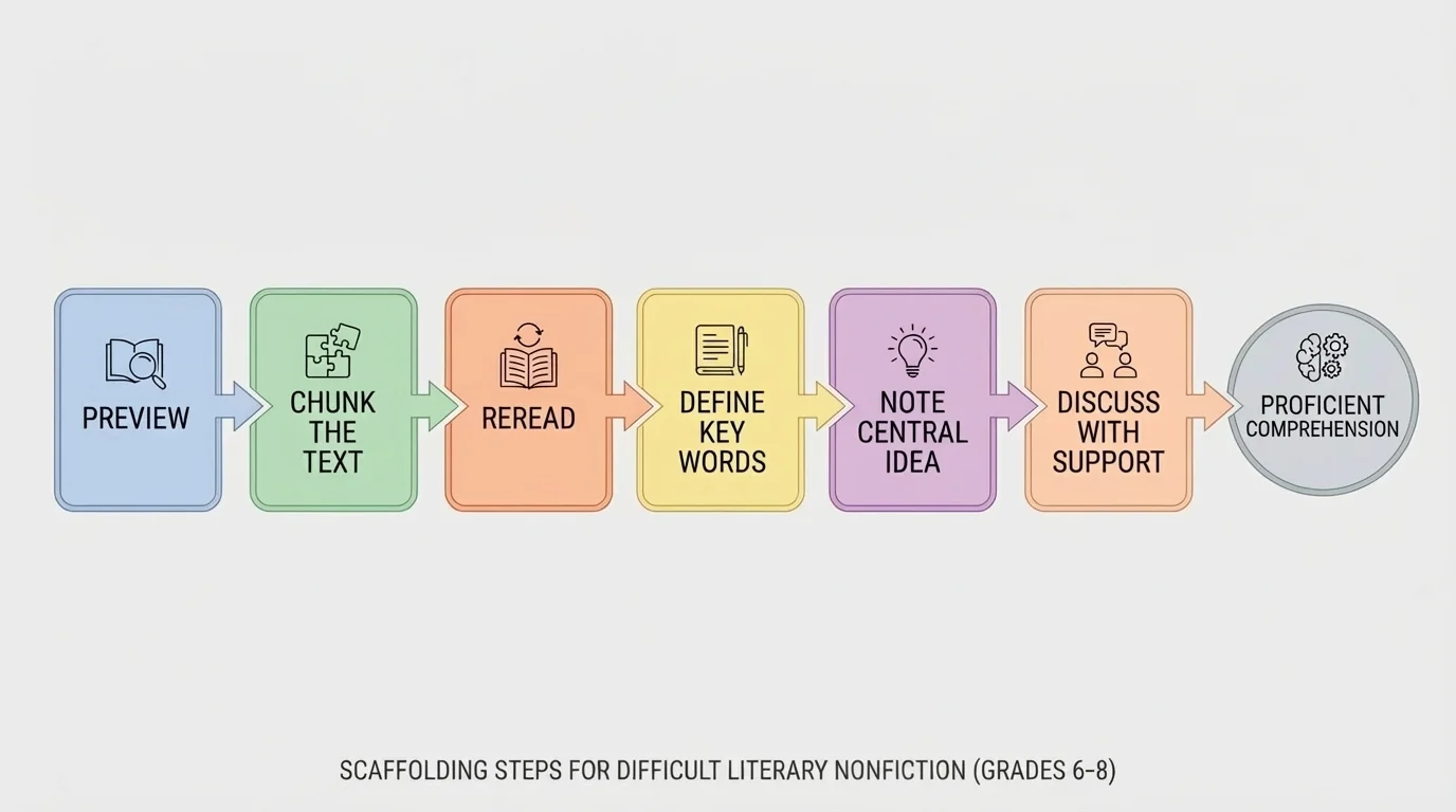 flowchart showing scaffolding steps for difficult literary nonfiction with boxes labeled preview, chunk the text, reread, define key words, note central idea, discuss with support