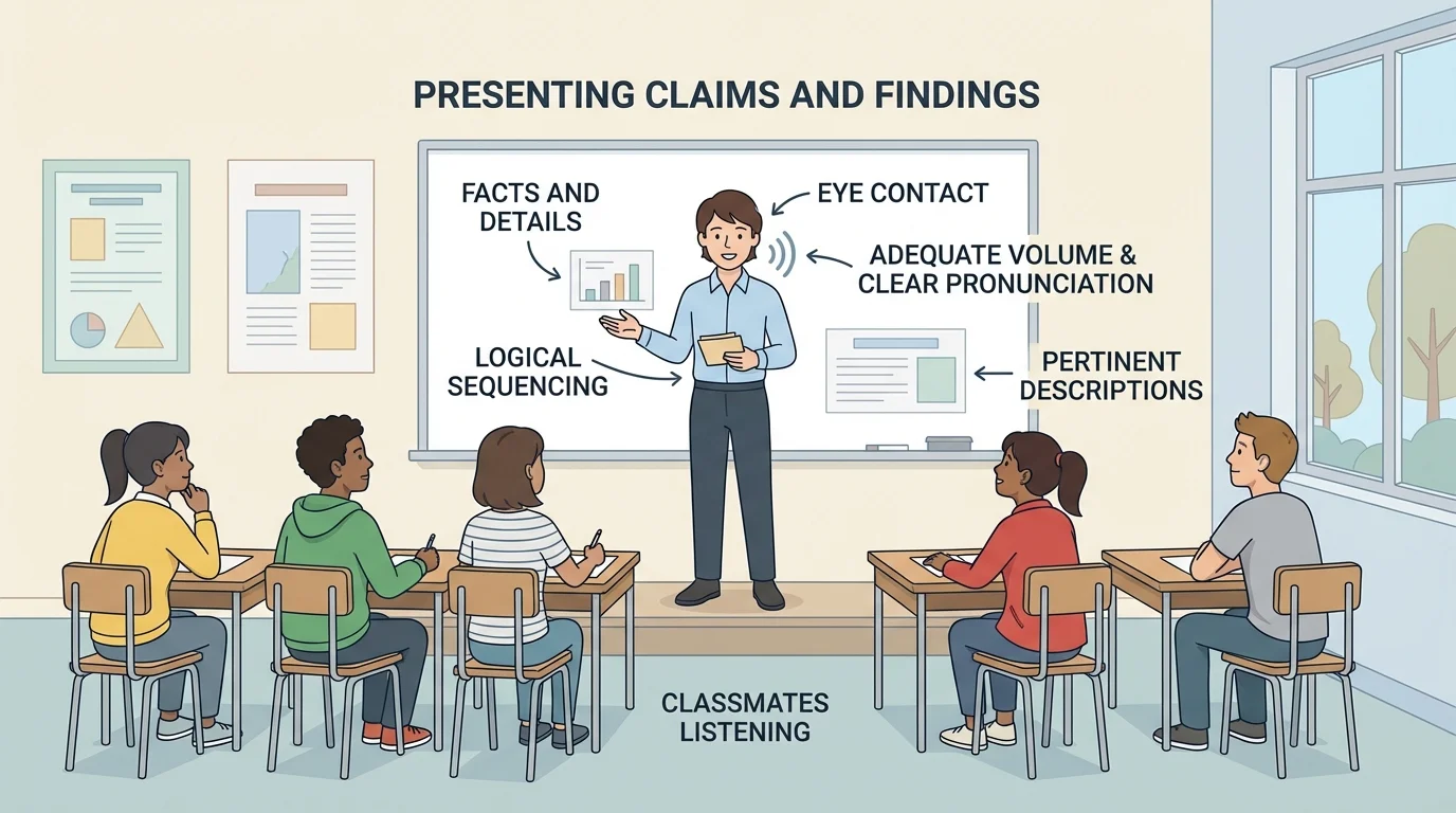 classroom scene with a student presenter standing upright, looking at classmates, speaking clearly, holding note cards low, and classmates listening from desks