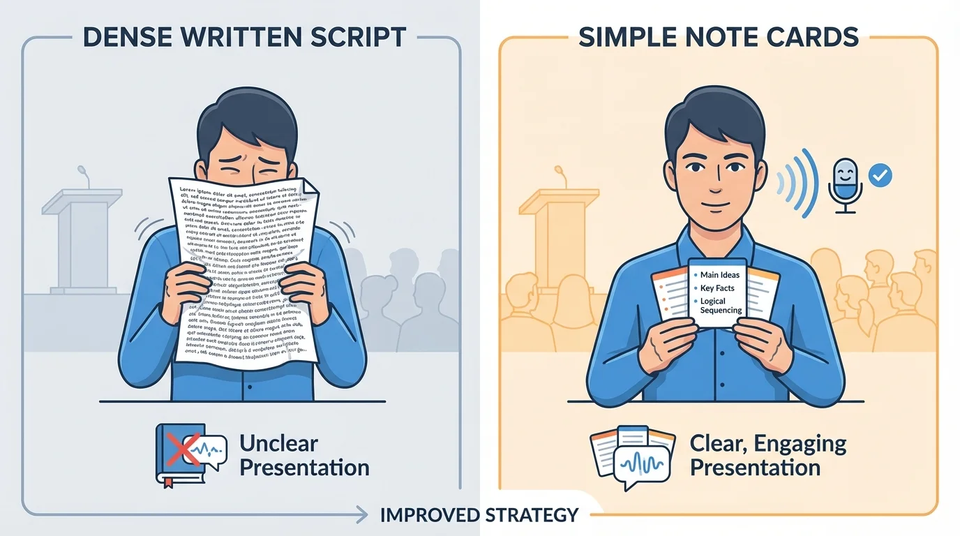 side-by-side comparison with a dense written script on one side and simple note cards with keywords and bullet points on the other