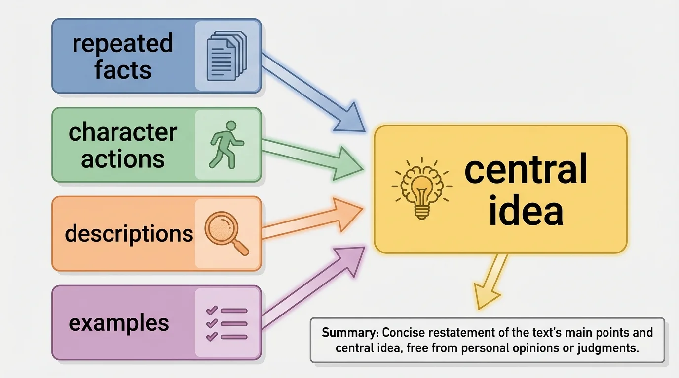 flowchart with boxes labeled repeated facts, character actions, descriptions, and examples, all pointing to a final box labeled central idea