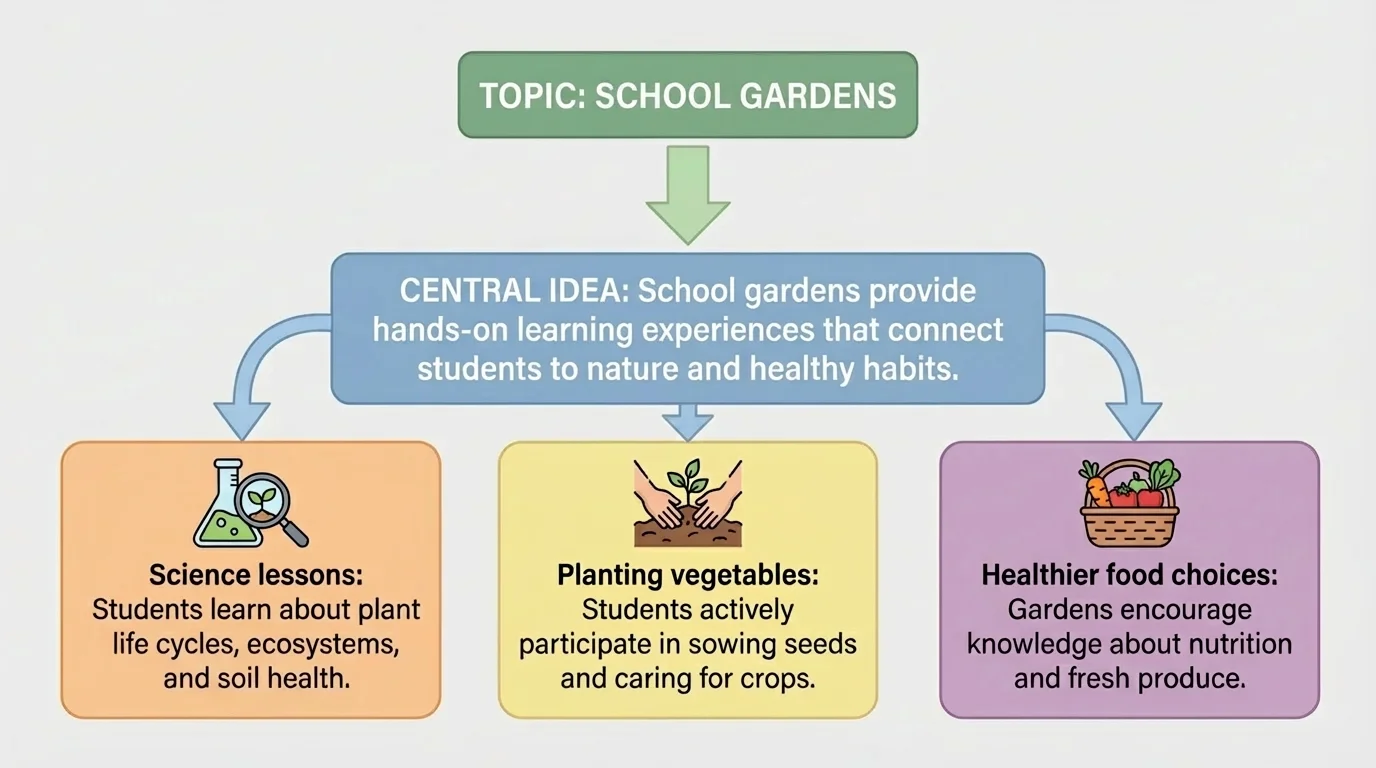 chart showing the topic 'school gardens' at the top, one central idea sentence below it, and branching supporting details such as science lessons, planting vegetables, and healthier food choices