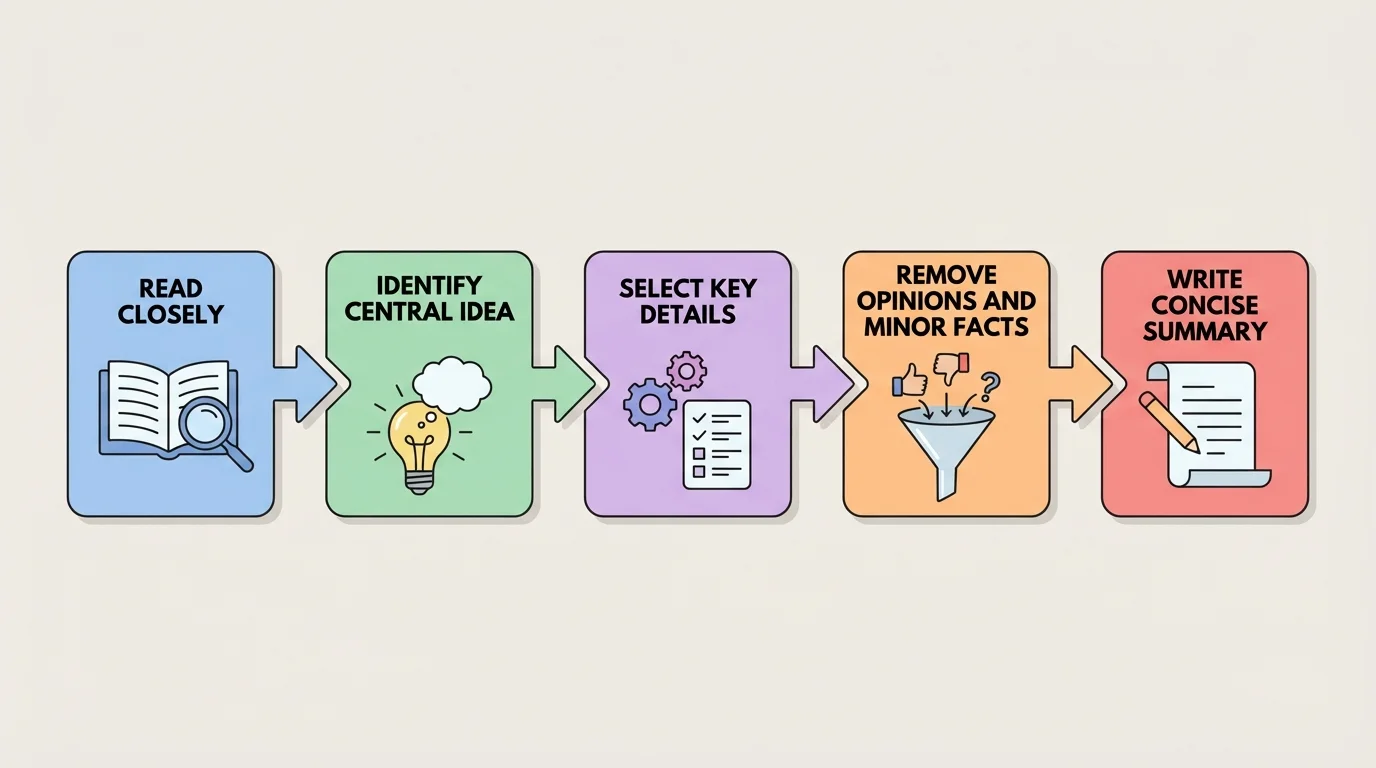 flowchart showing the summary process with boxes labeled read closely, identify central idea, select key details, remove opinions and minor facts, write concise summary