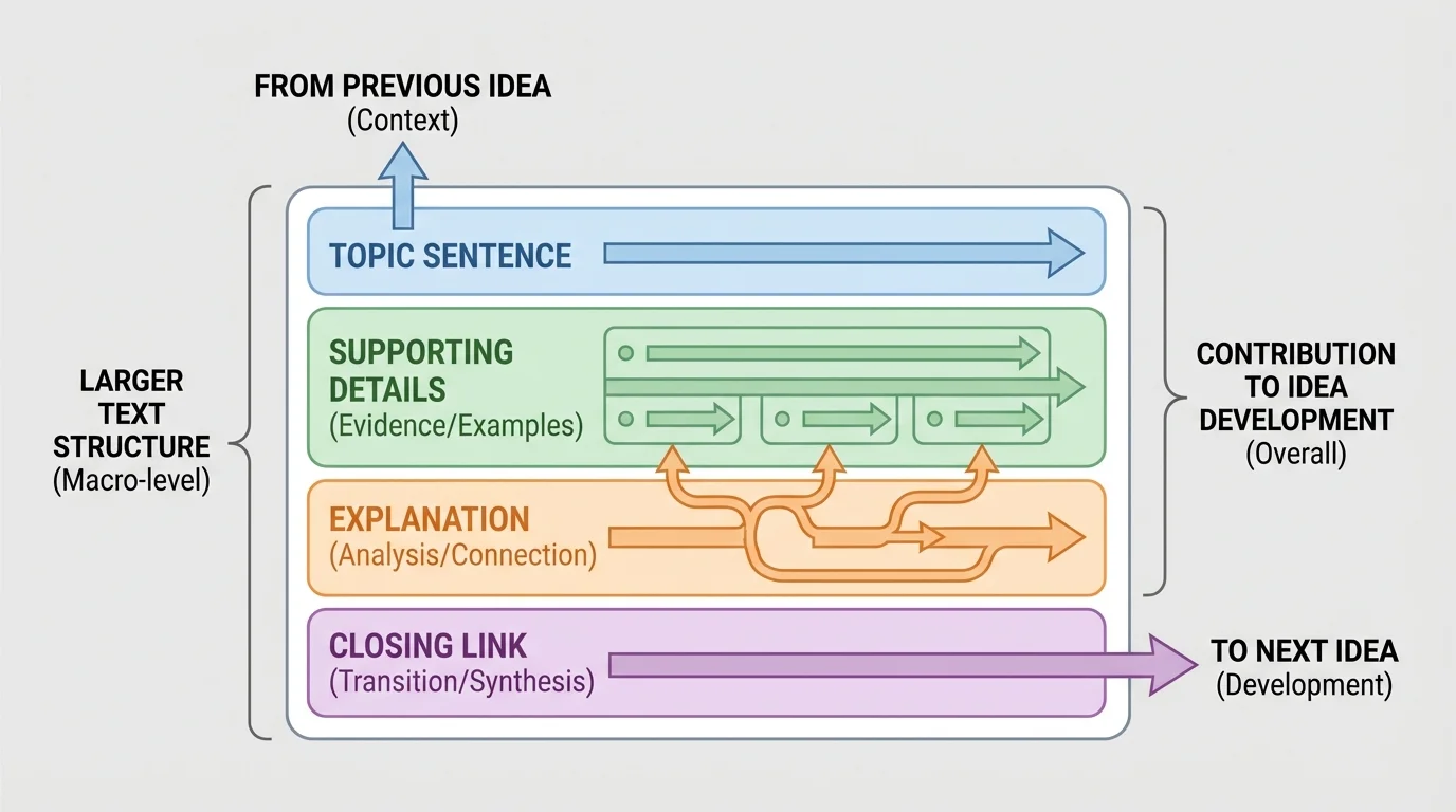 one paragraph built from a topic sentence, supporting details, explanation, and closing link to the next idea