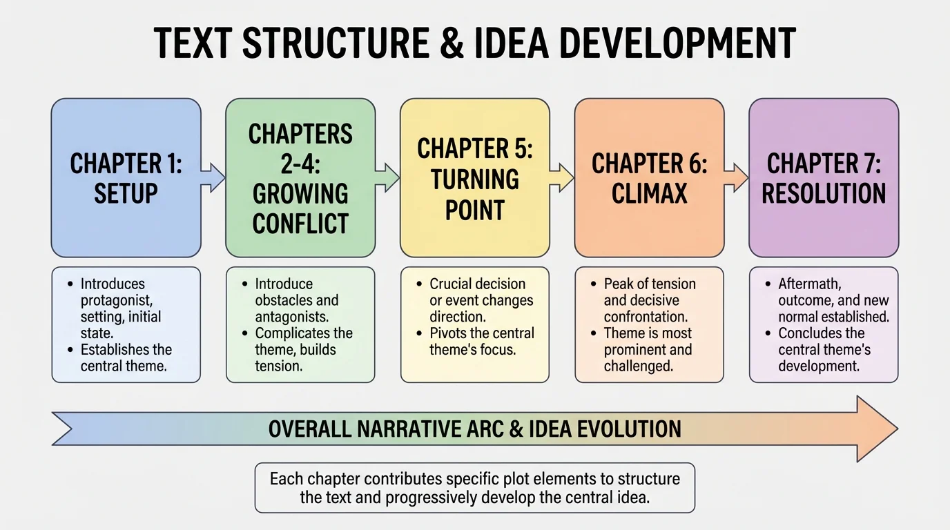 story chapters arranged as setup, growing conflict, turning point, climax, and resolution, with notes showing how each chapter develops the central idea