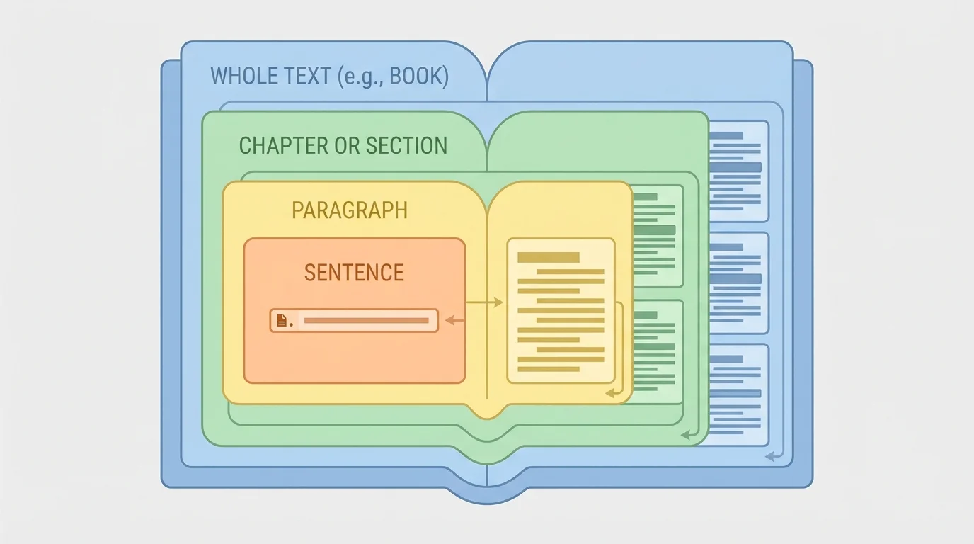 book-shaped organizer labeled whole text, chapter or section, paragraph, and sentence, showing how smaller text parts fit inside the larger structure