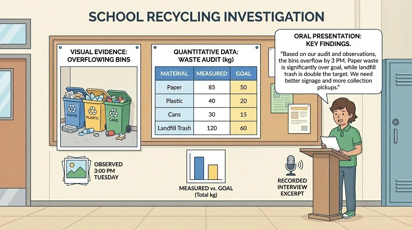 school recycling investigation with poster image of overflowing bins, small data table, and student giving a short speech