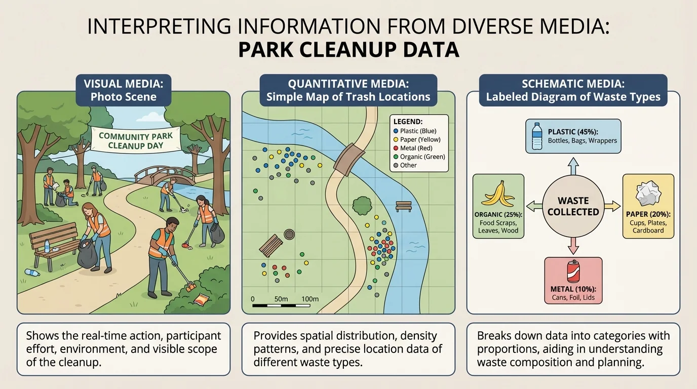 comparison of a park cleanup shown as a photo scene, a simple map of trash locations, and a labeled diagram of waste types