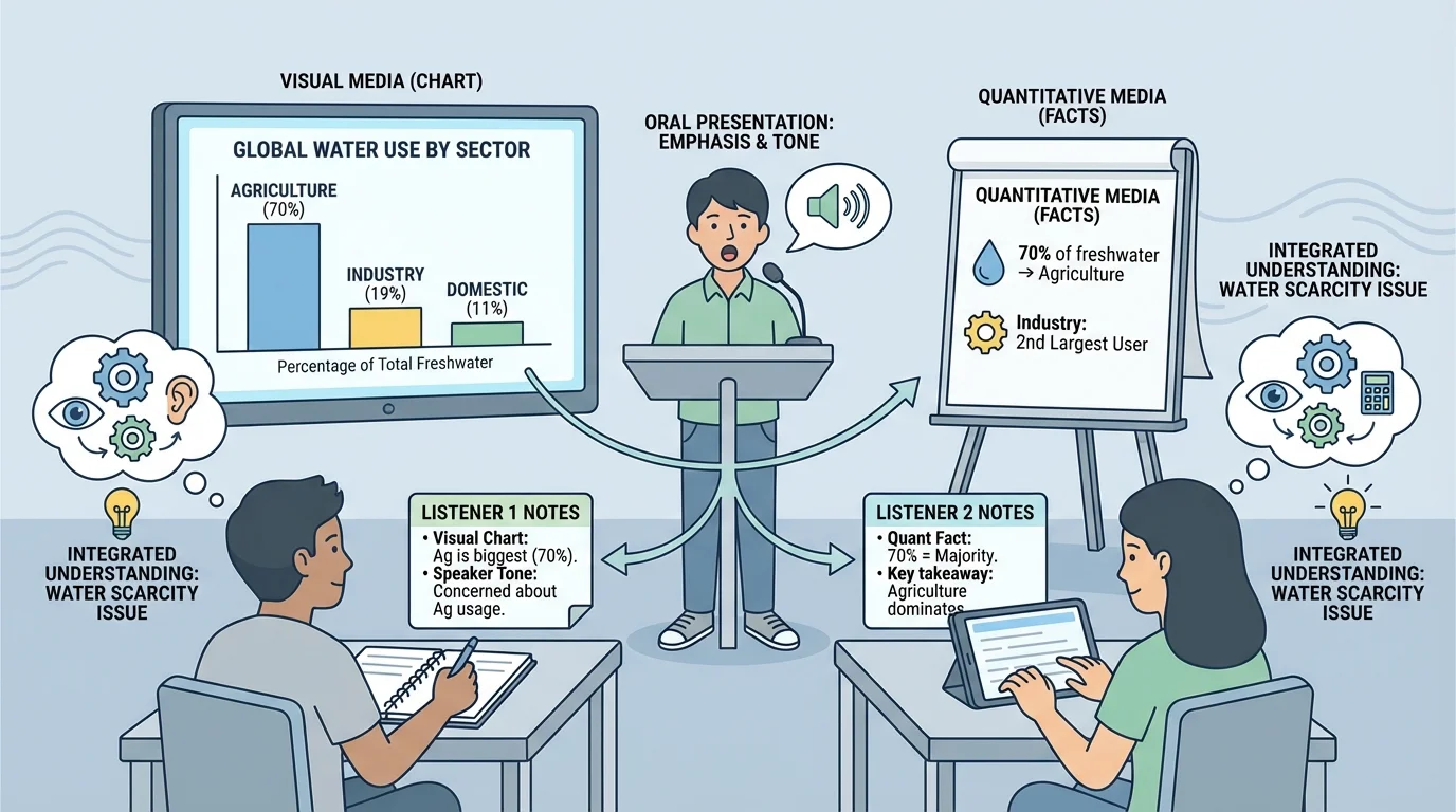 student presenter speaking about water use while two listeners take notes on key facts and speaker emphasis