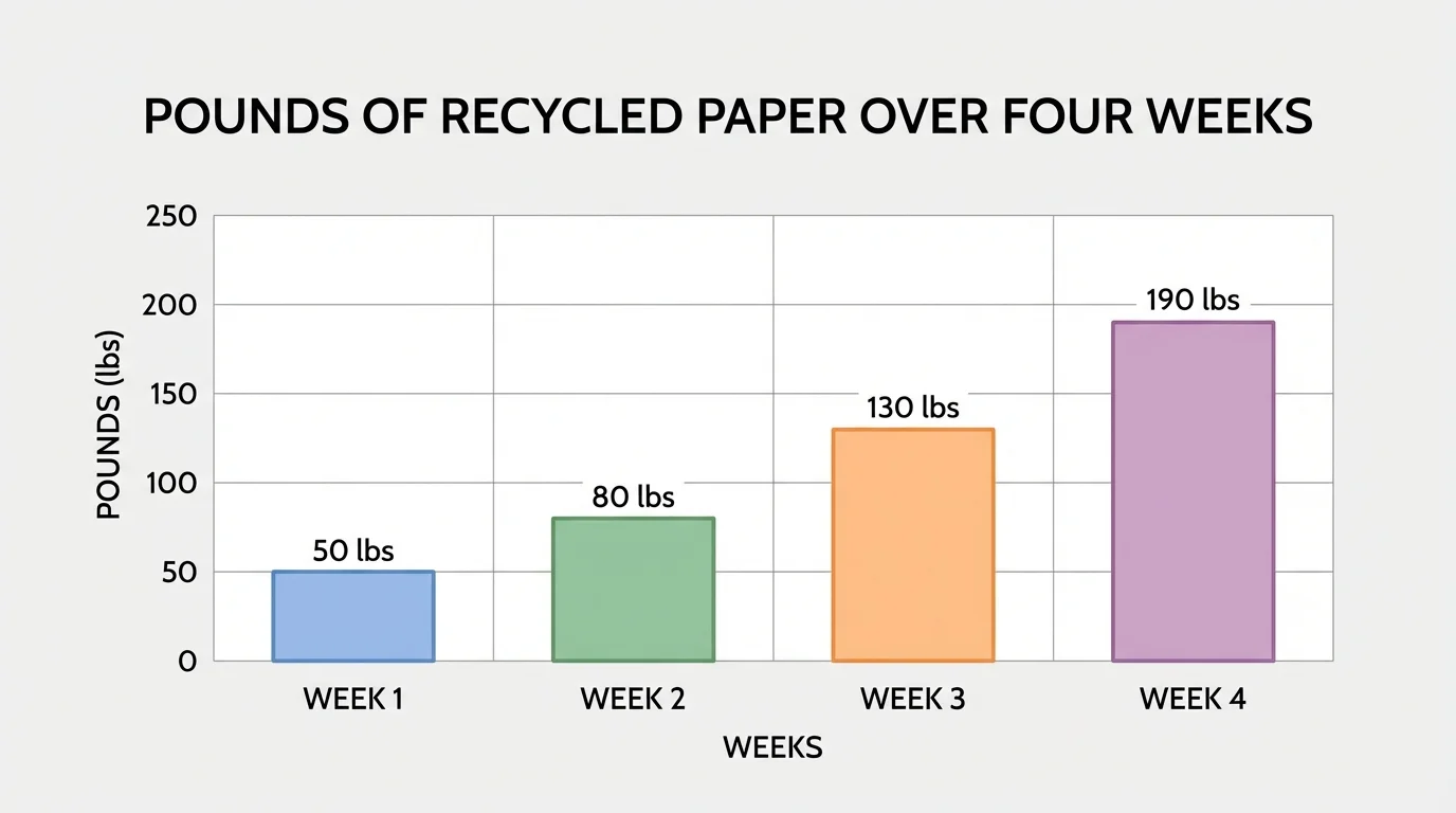 bar graph with four weeks on the horizontal axis and pounds of recycled paper on the vertical axis