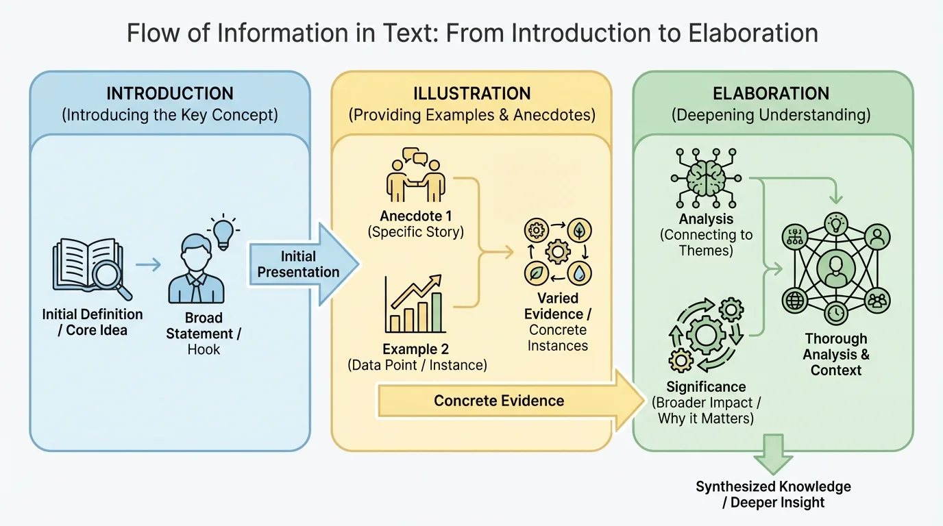 Flowchart of an informational text moving from introduction to examples to deeper explanation