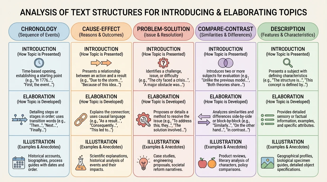 Comparison chart with chronology, cause-effect, problem-solution, compare-contrast, and description columns