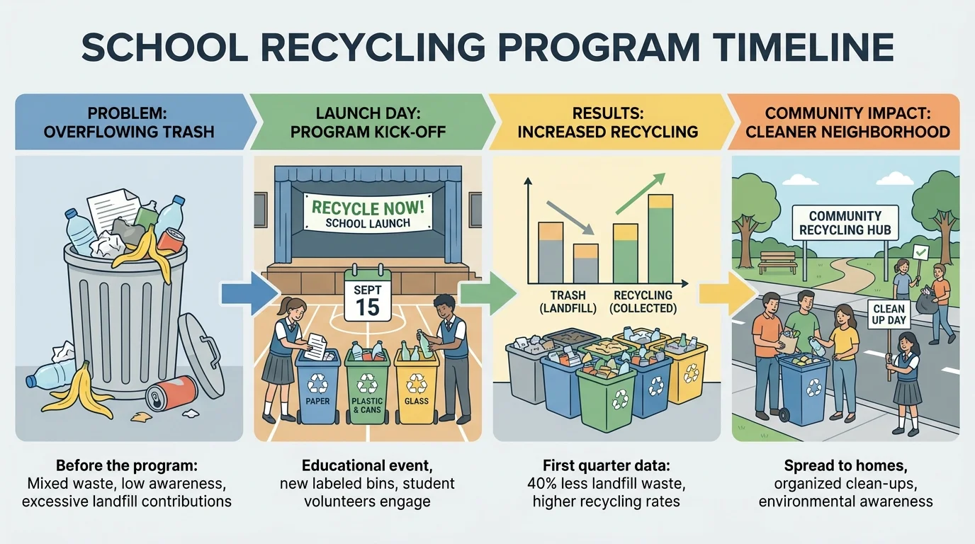 Timeline of a school recycling program article showing problem, launch day, results, and community impact