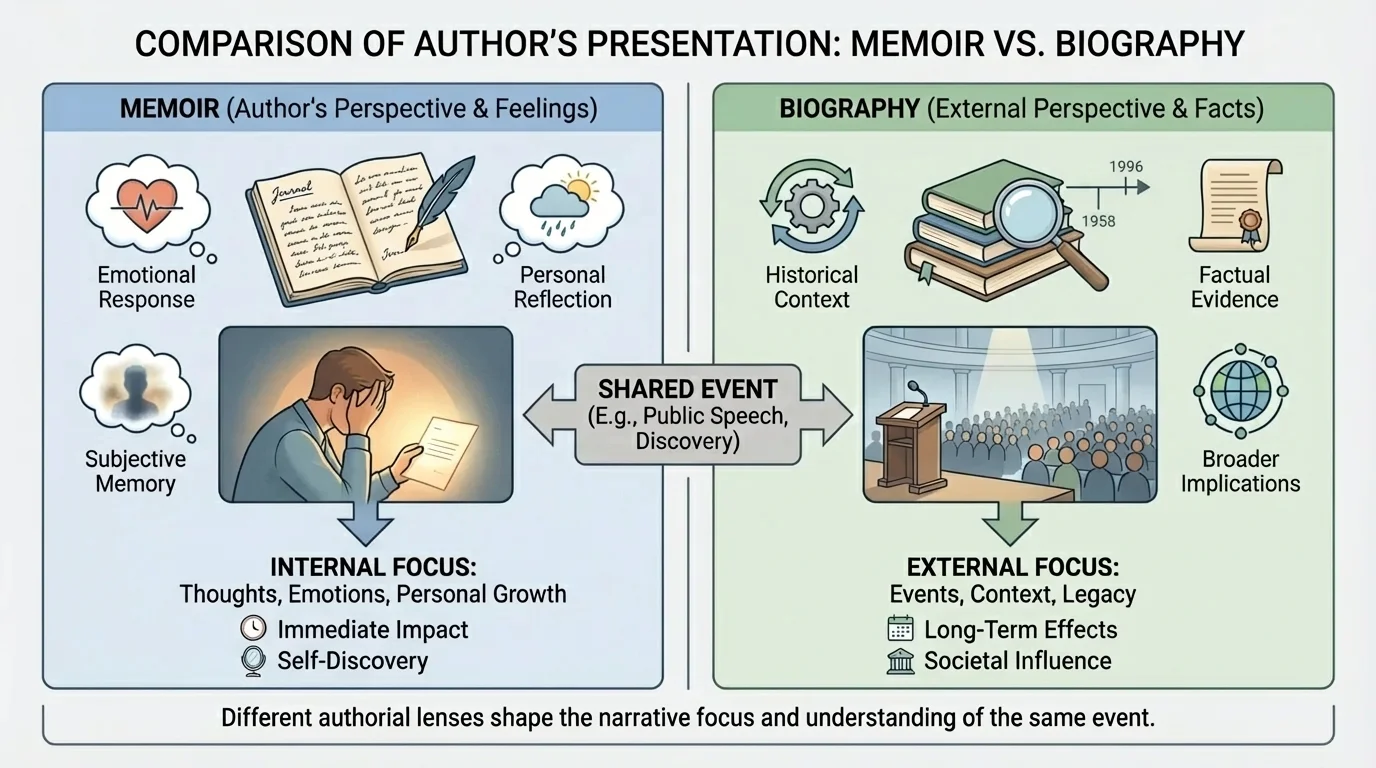 two-column comparison of the same event, with one column showing memoir focus on feelings and one column showing biography focus on facts, context, and later effects