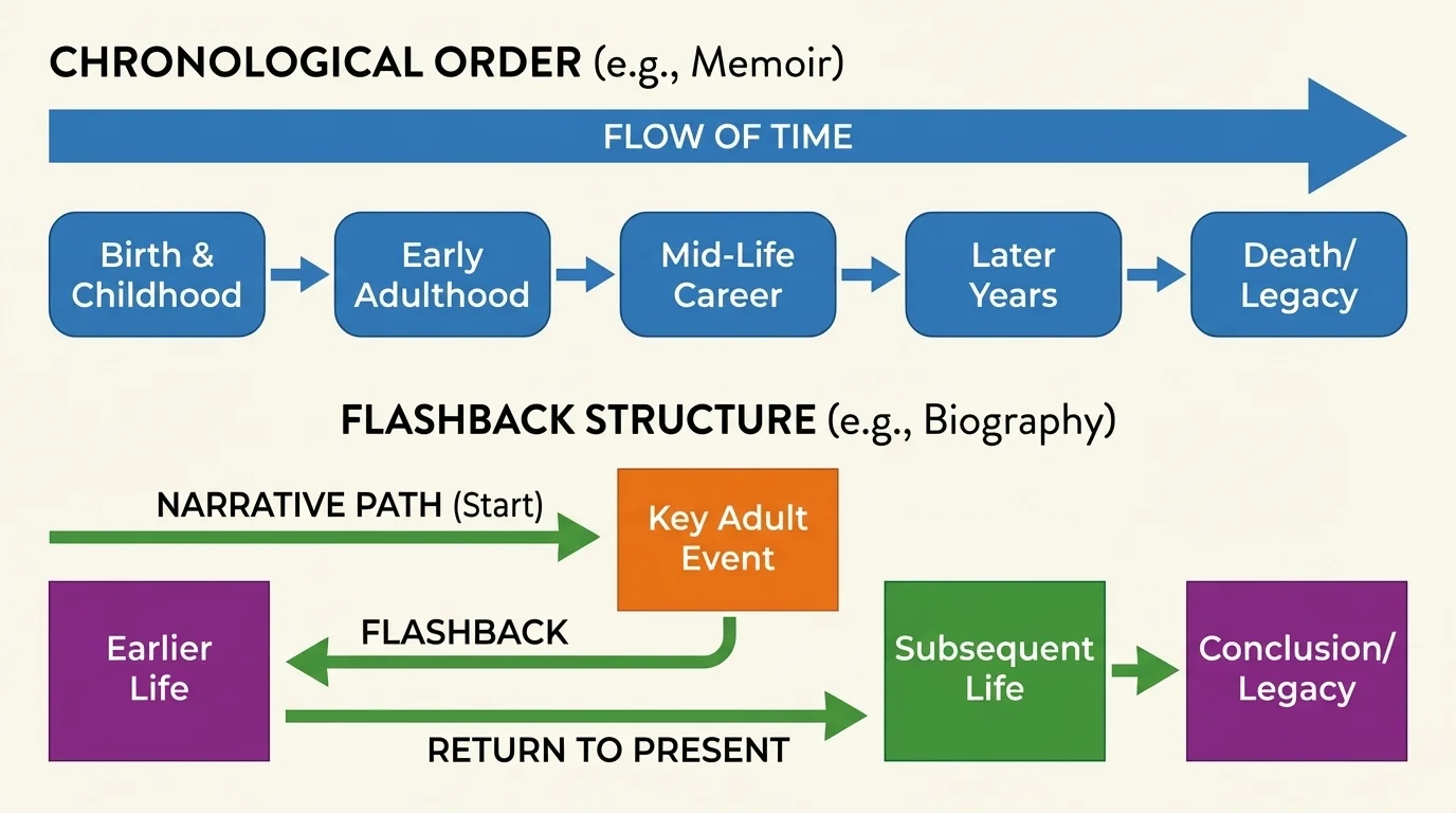 timeline comparing straight chronological order with a version that starts at a later event and then flashes back to earlier events