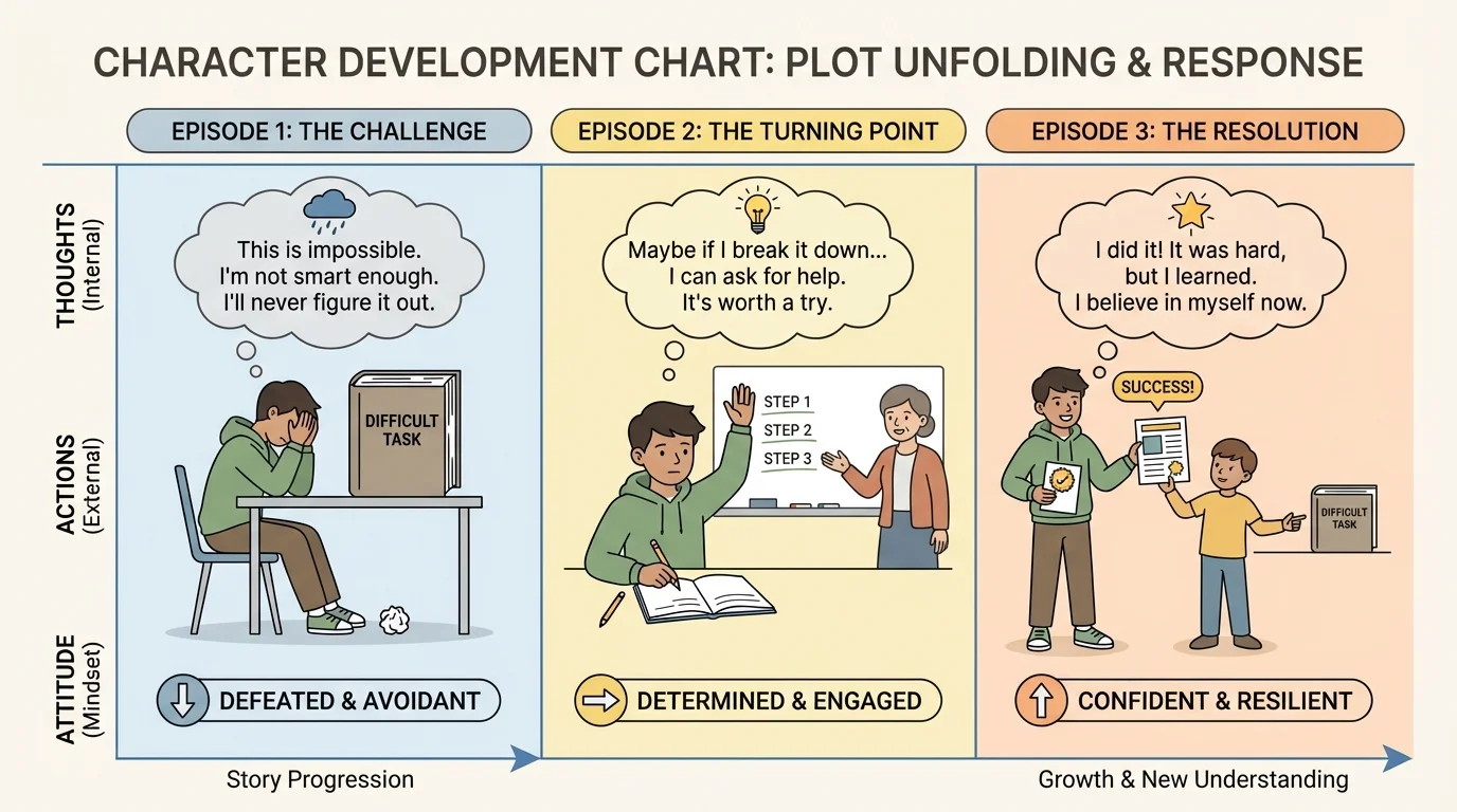 Three-panel character chart showing the same character's thoughts, actions, and attitude changing across the story
