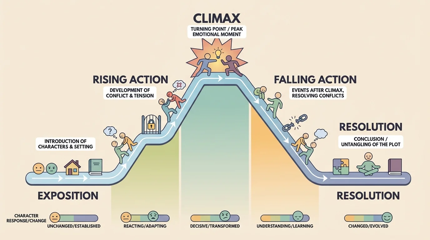 Plot mountain labeled exposition, rising action, climax, falling action, and resolution with a simple story path