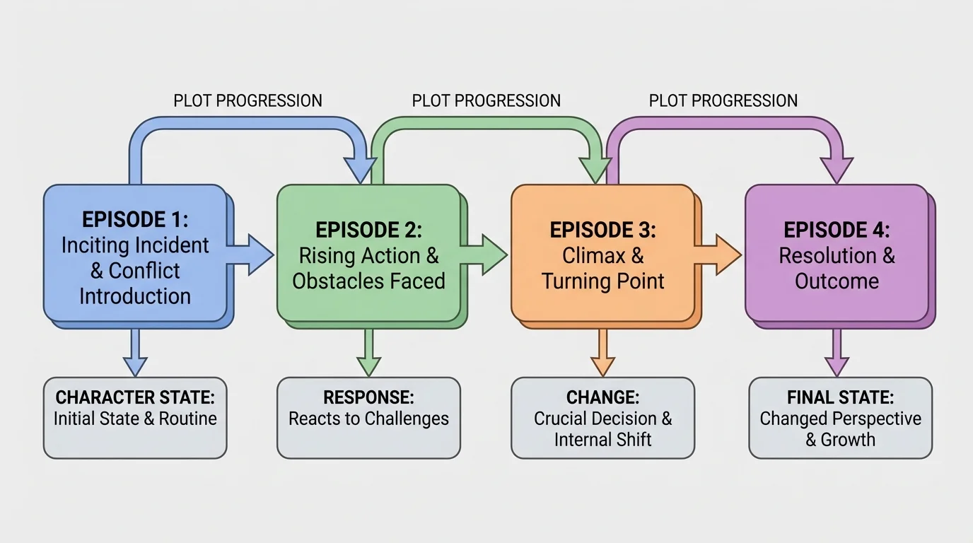 Flowchart of four connected story episodes showing how one event leads to the next