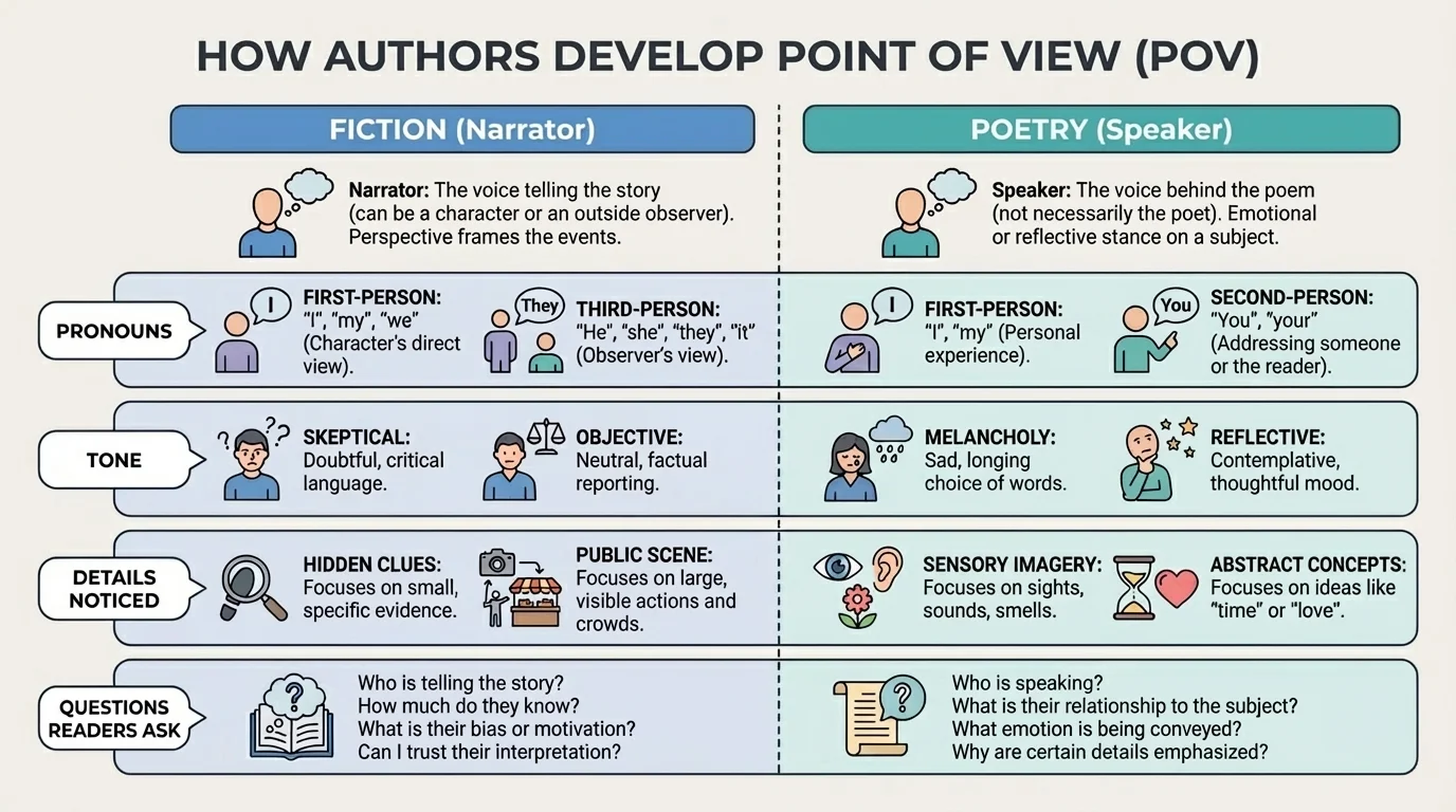 side-by-side comparison of narrator in fiction and speaker in poetry, with clues such as pronouns, tone, details noticed, and questions readers ask