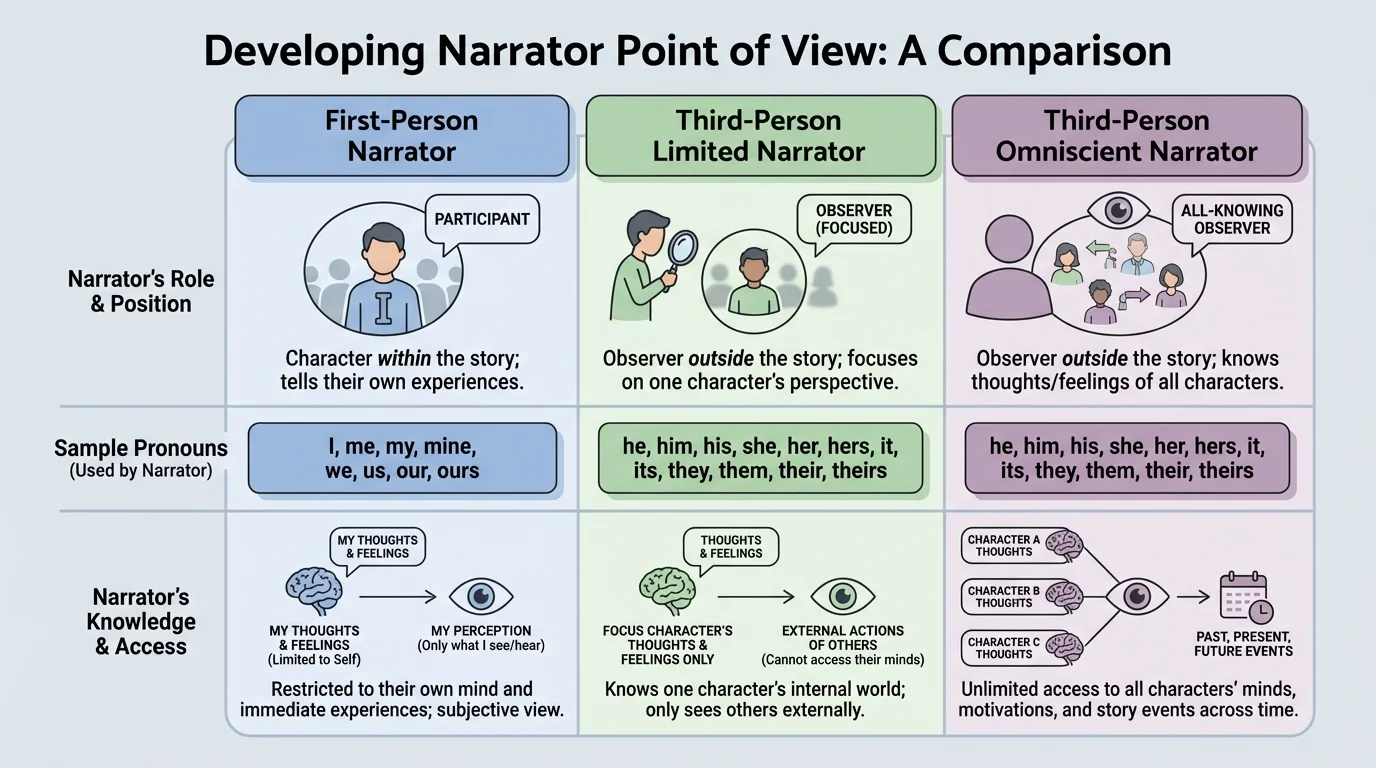 chart comparing first-person, third-person limited, and third-person omniscient narrators with sample pronouns and how much each narrator knows