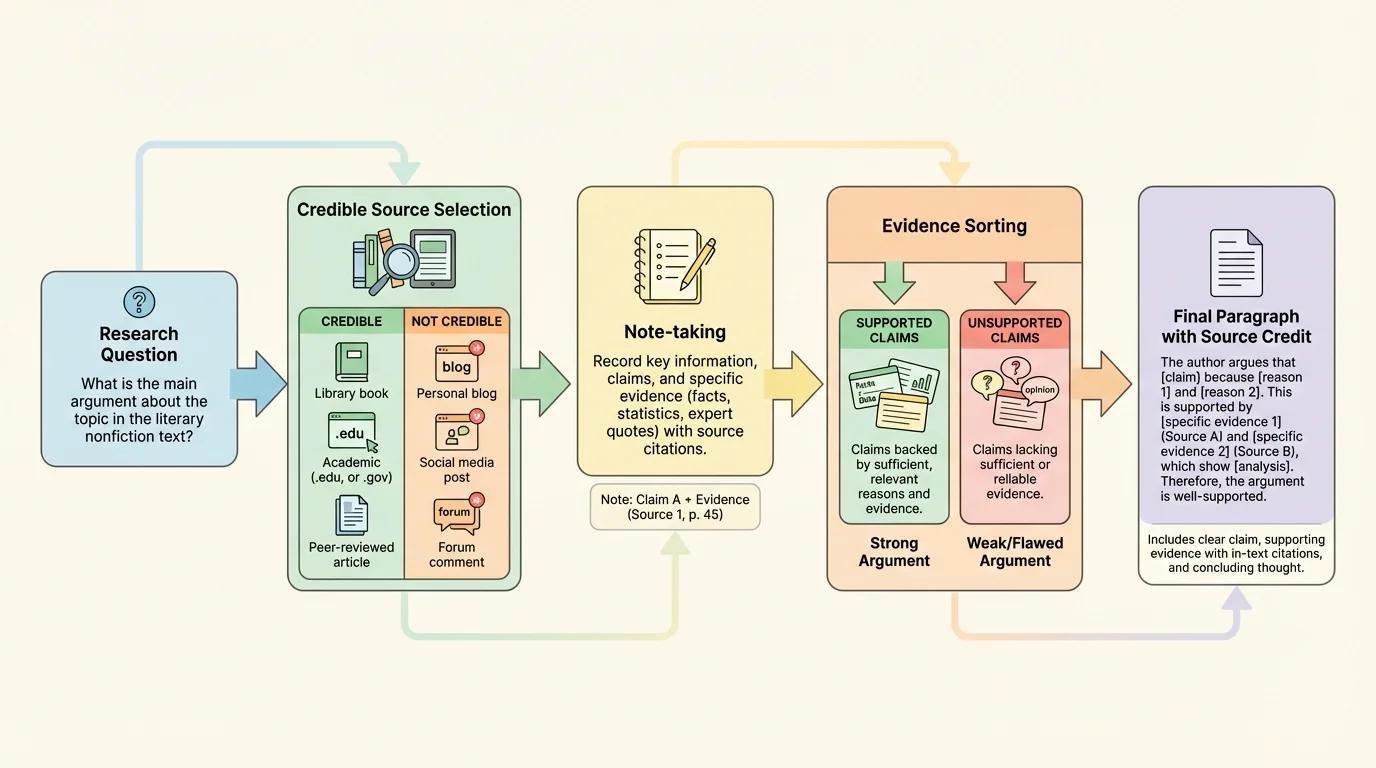 Flowchart showing research question, credible source selection, note-taking, evidence sorting, and final paragraph with source credit