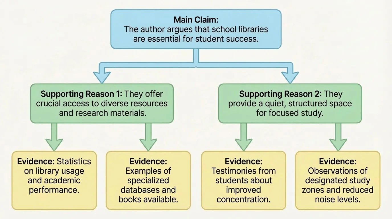 Flowchart showing a main claim at the top, two supporting reasons below it, and pieces of evidence under each reason