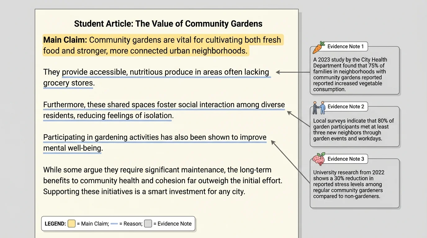 Marked-up page from a student article with highlighted main claim, underlined reasons, and boxed evidence notes in the margins
